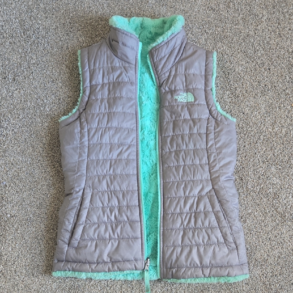 The North Face Kids Gray and Mint Reversible Puffer Vest